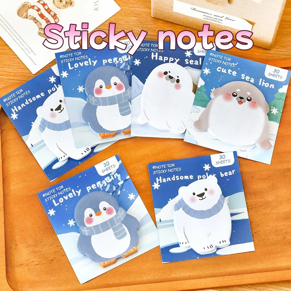 Student Reusable Sticky Notes: Polar Bear & Penguin Cute Cartoon Arctic Animal Memo Pads, Aesthetic School Stationery