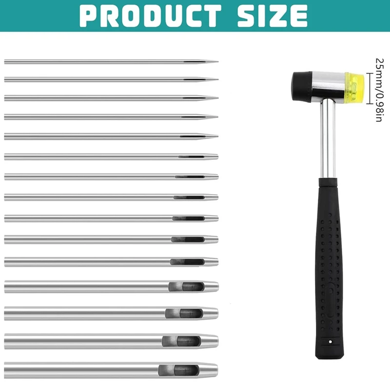 가죽 구멍 펀치 세트, 라운드 스틸 할로우 펀치 세트, 고무 망치 1 개, 가죽용, 0.5mm ~ 6mm, 15 피스
