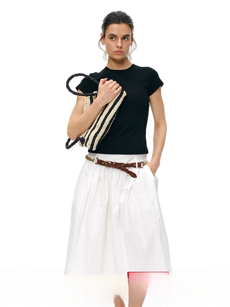 

Юбка миди А-силуэта с высокой талией, хлопковая, белая, с расклешенным подолом, плиссированная, стройнящая, для повседневной носки, весна 2026, женская мода