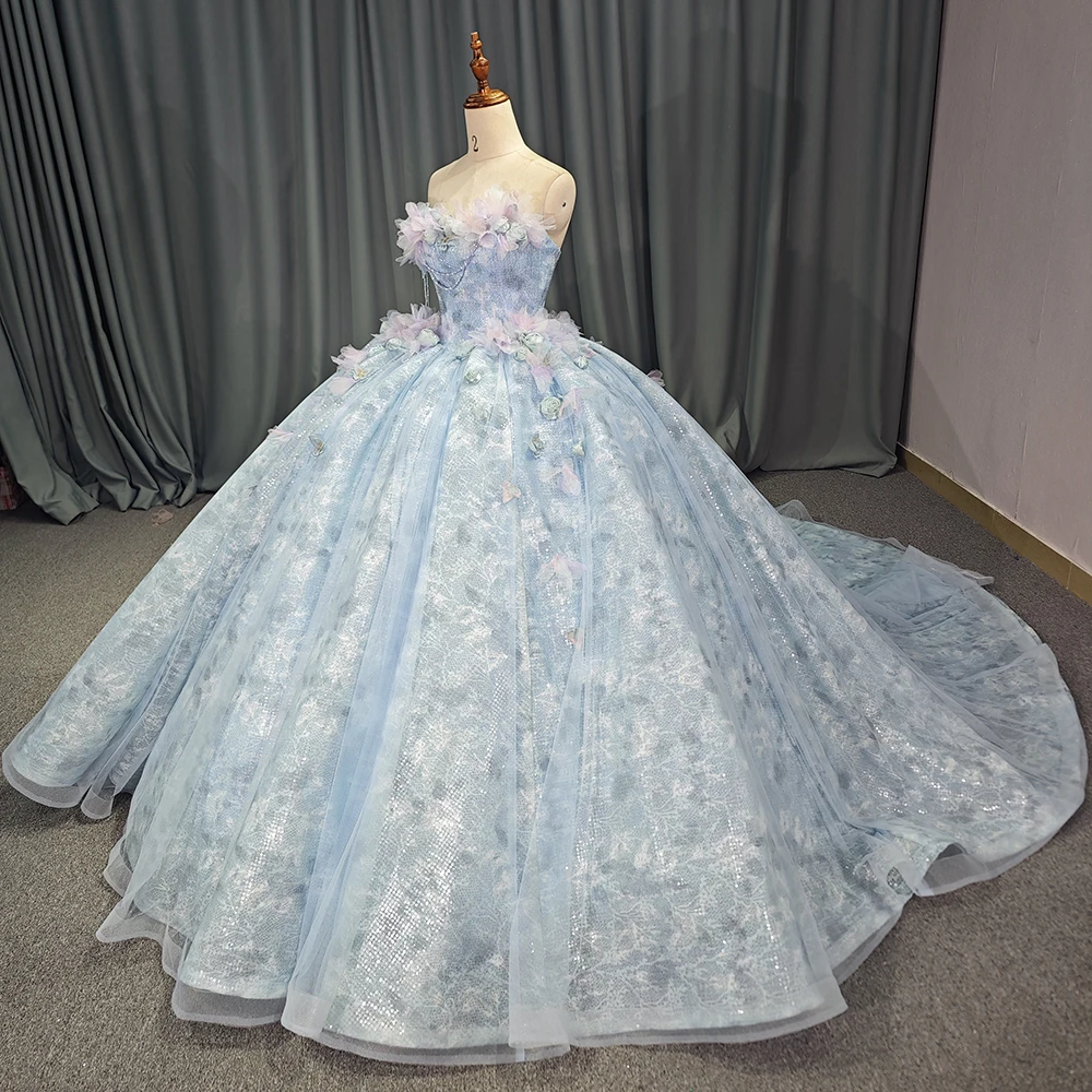 Customized Off-Shoulder Blue Strapless Evening Dress Quinceanera Dresses Frill Elegant Banquet Party Vestidos Dy6819