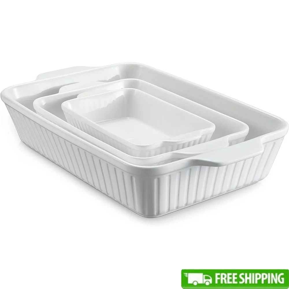 

Ceramic Casserole Dishes Set of 3 Oven Safe Baking Dish Rectangular Bakeware with Handles Easy Clean Dishwasher Safe Casseroles