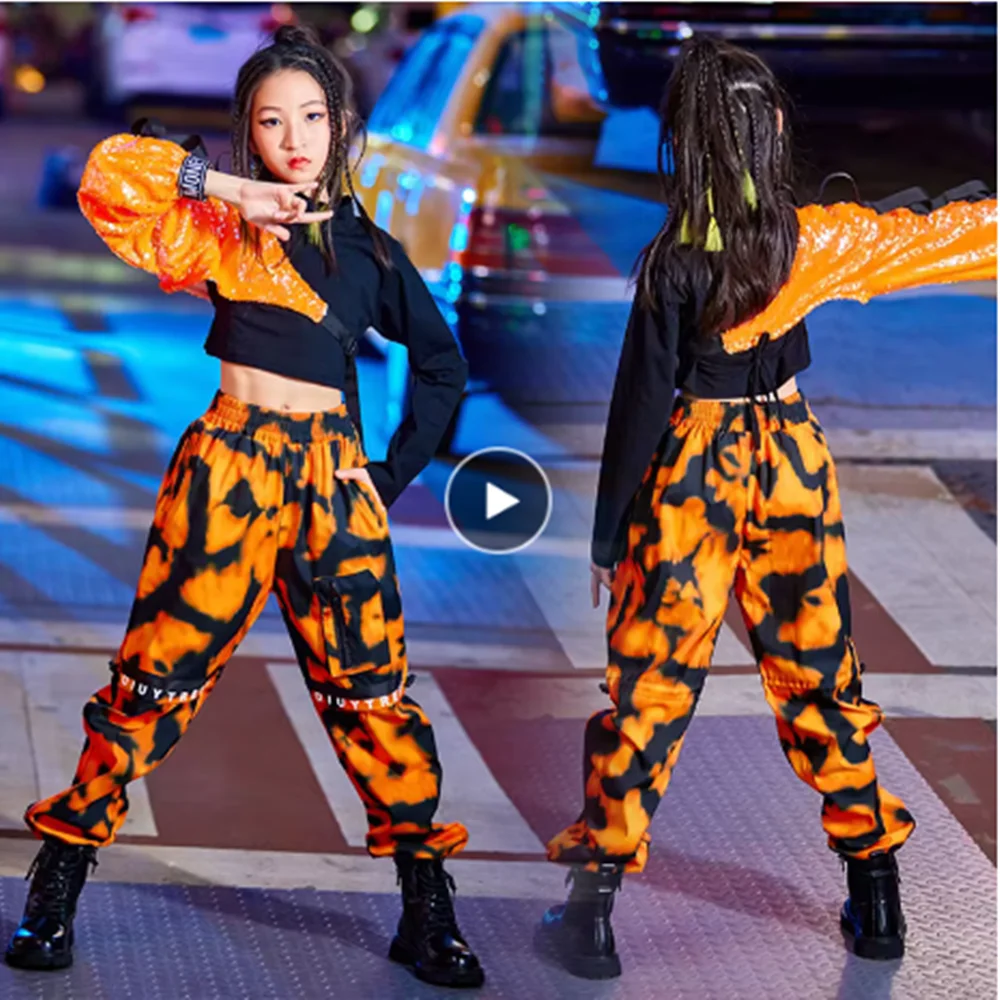 

Оранжевый костюм для джазового танца с блестками для девочек, одежда для танцев в стиле хип-хоп, детский сценический наряд Kpop, укороченные топы, брюки