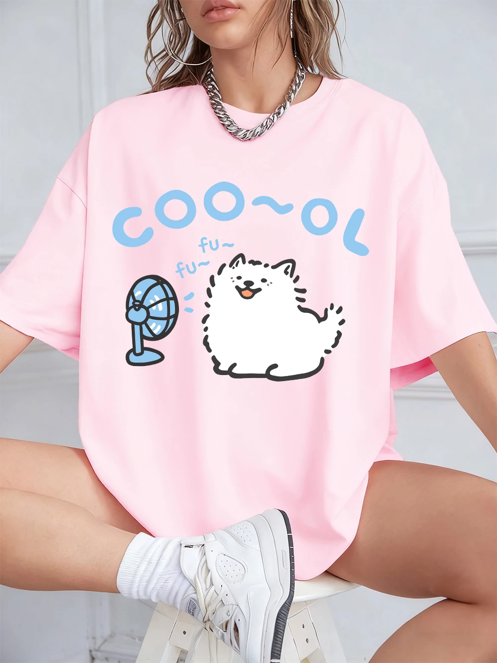 Samoyed With A Fan Blowing Printed T-Shirts Womens Summer Cotton Tops O-Neck Comfortable Loose T Shirt Casual Womans Clothes