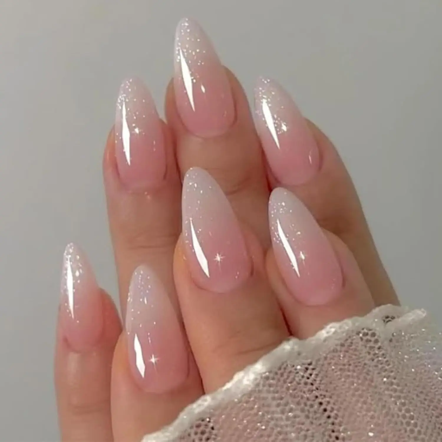 

Medium Almond Pink Ombre Press On Nails, Silver Glitter Full Cover Reusable Fake Nails 24Pcs for Women, Size S