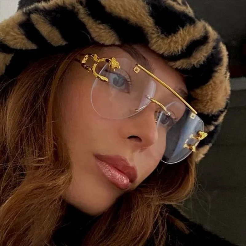 Безрамные солнцезащитные очки с леопардовой головой, винтажные солнцезащитные очки без оправы для мужчин и женщин, солнцезащитные очки с градиентными оттенками UV400, очки 2025