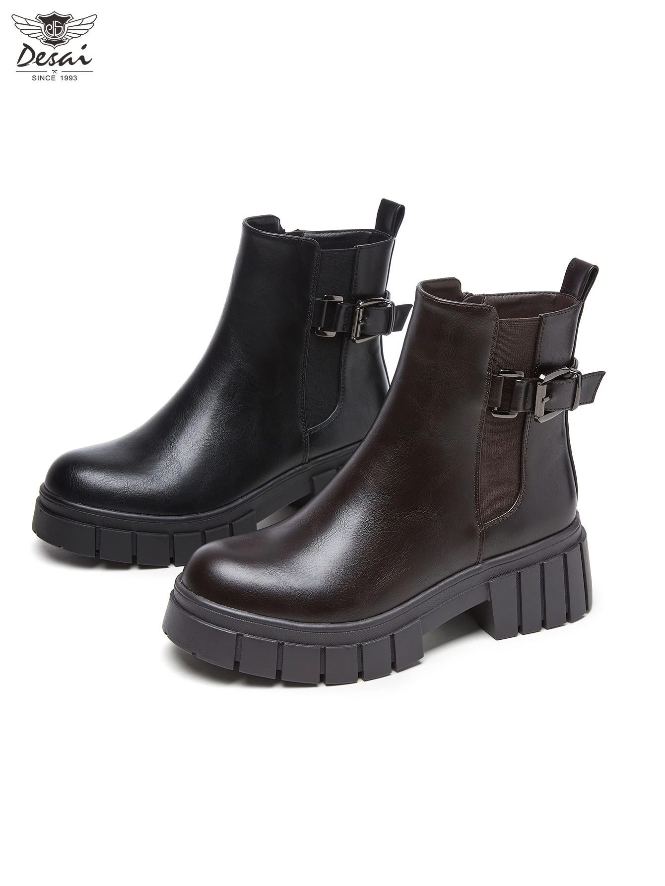 

British-style Chelsea ankle boots, chunky thick sole, high heel with buckle detail for height boost