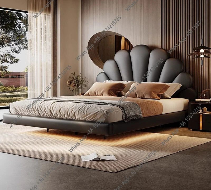 

New floating bed Italian minimalist leather bed master bedroom first layer cowhide petal suspended double bed 2*2 meters
