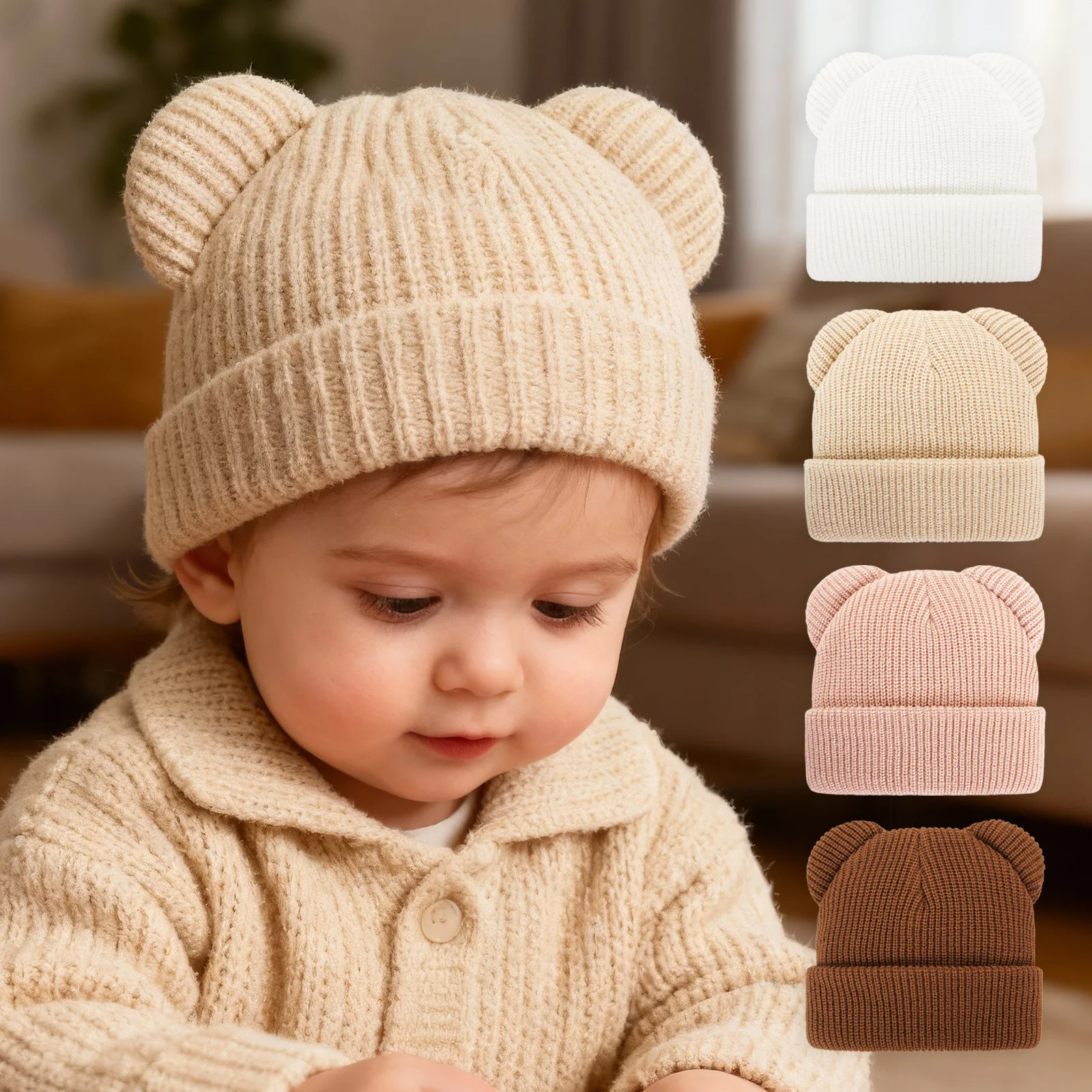 Cute Bear Ear Knitted Hat for Baby Boys Girls High Elasticity Warm Autumn Winter Toddler Beanie