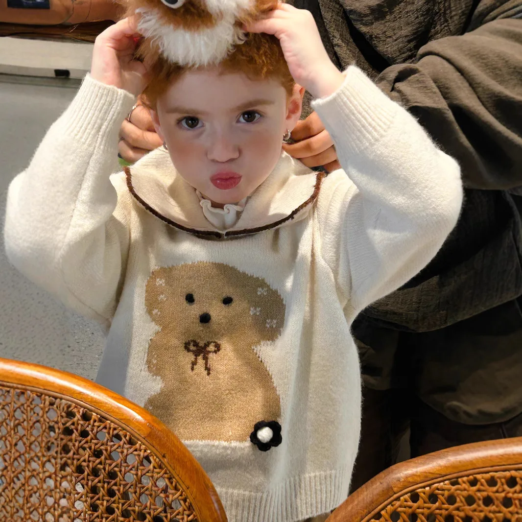 

Children Girls Sweater Autumn Bear Jacquard Infant Babys Girl Pullovers Trendy Versatile Turn Down Collar Toddler Girls Knitwear