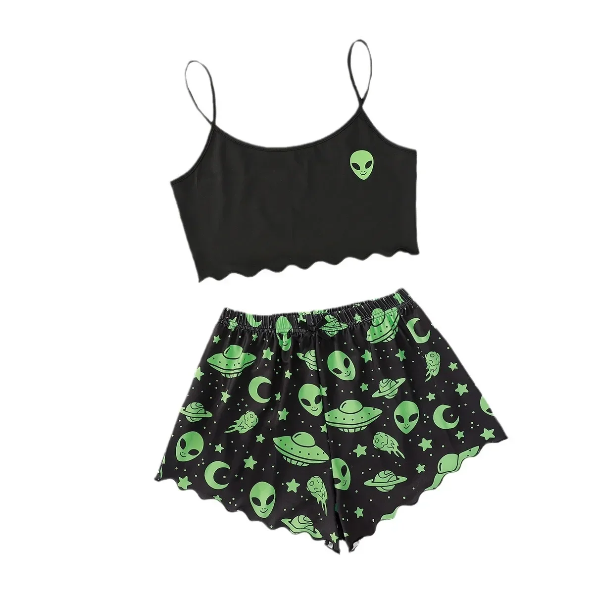 Sexy Alien Print Sling Sleepwear Women\'s Pajamas Set V-Neck Pyjamas Female Homewear Sleeveless Cute  Top And Shorts