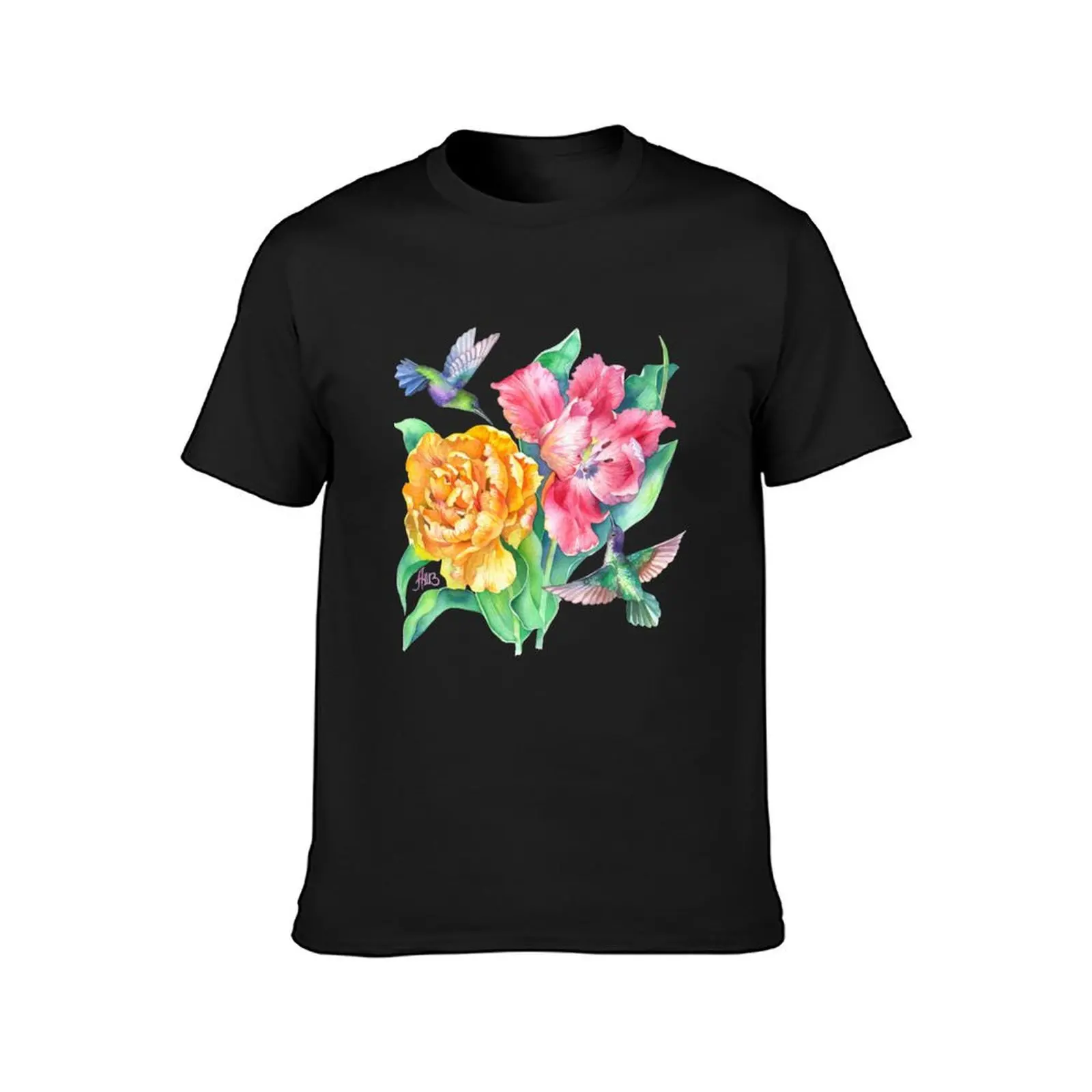 Tulips and Hummingbirds Watercolor T-Shirt shirts graphic tees Short sleeve tee mens t shirts