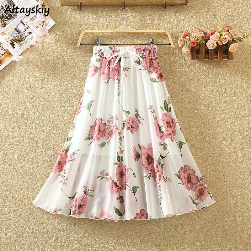 

Chiffon Floral Printed Skirts Women Summer A-line Elegant Retro All-match Stylish Ladies Ruffles Lace Up Bow Sweet Elastic Waist