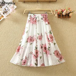 Chiffon Floral Printed Skirts Women Summer A-line Elegant Retro All-match Stylish Ladies Ruffles Lace Up Bow Sweet Elastic Waist