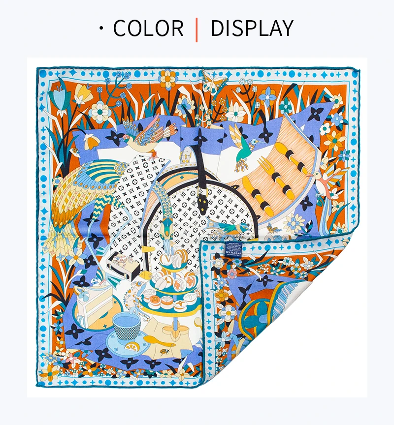 Luxury Silk Wool Blend Scarf 65cm Herringbone Texture Bird & Floral Print Square Shawl For Daily & Party