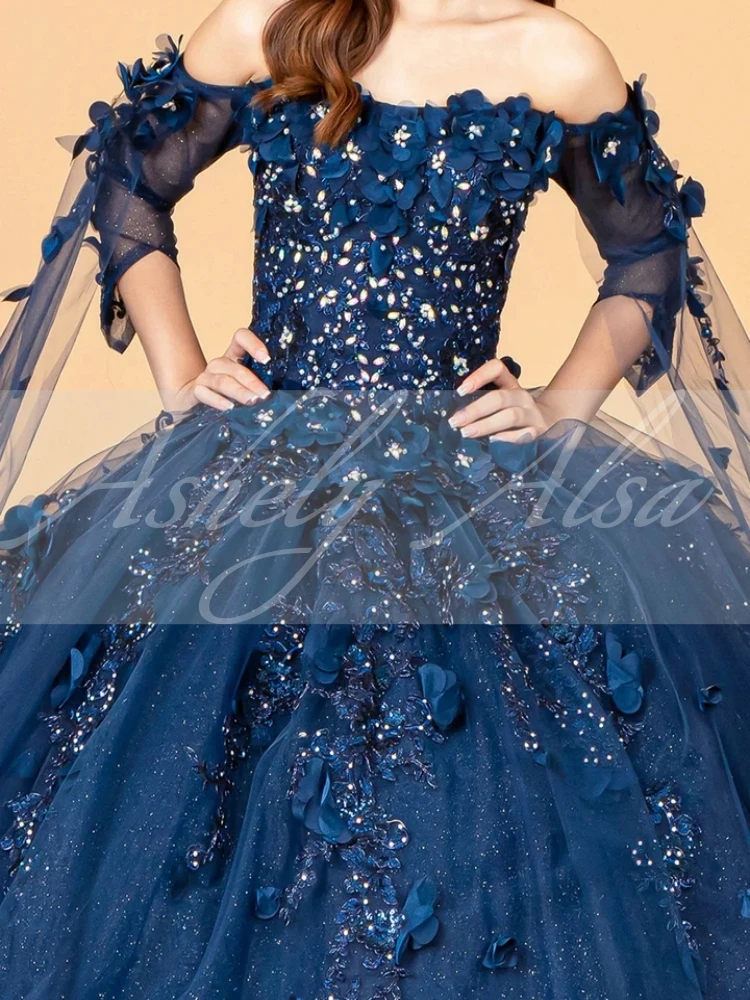 Customized Navy Blue Vestido De 15 Anos V Neck 3D Flower Applique Ball Gown Women Birthday Party Dress 16 Prom Quinceanera 2025