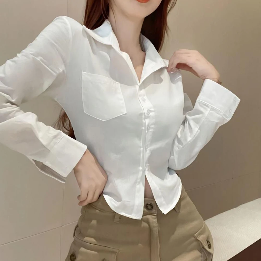 Casual Outing One Size Fashion Lapel Button Solid Color Long Sleeve Top Blouse Suitable For Summer V-neck Neckline