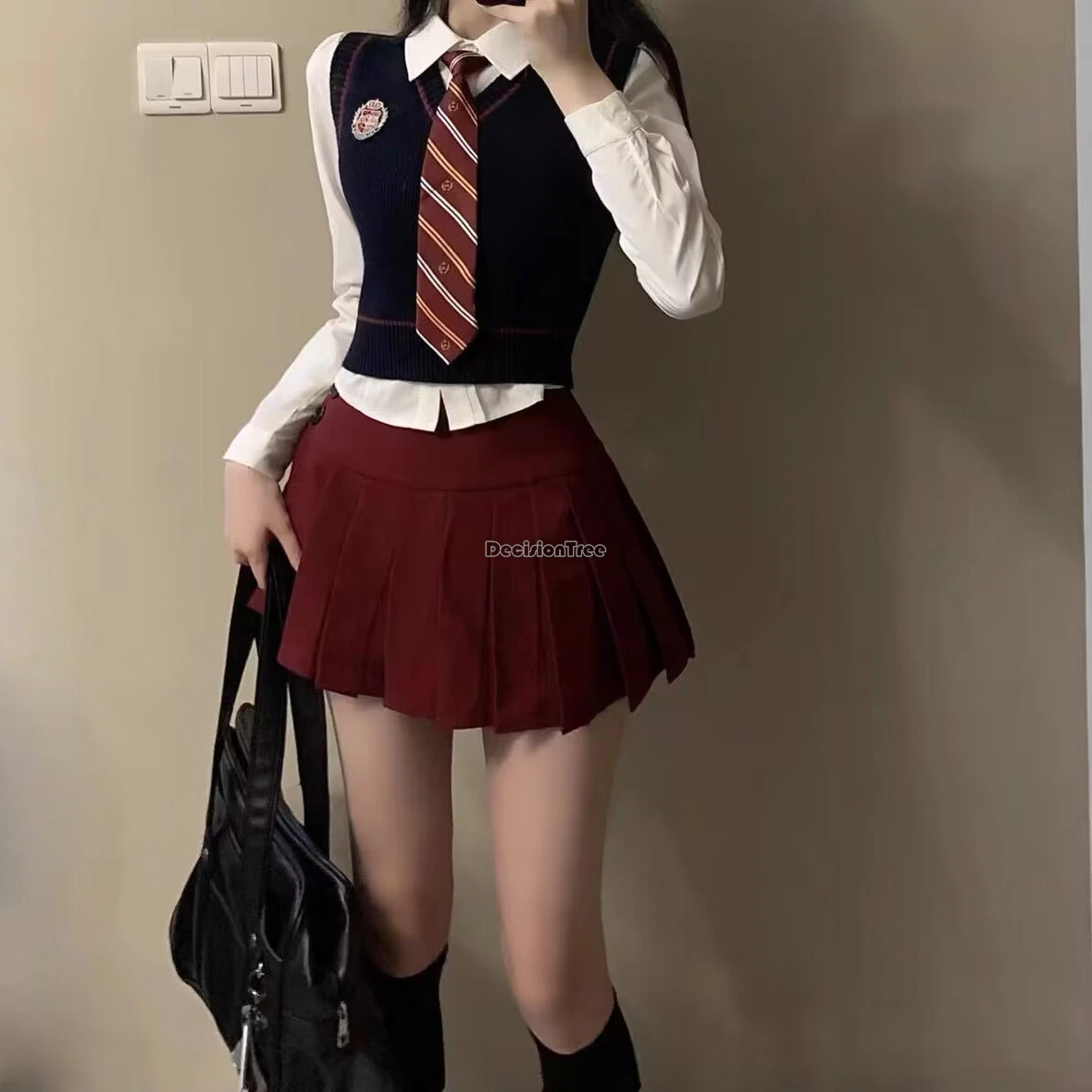 Gilet tricoté de style collégial coréen, demi-jupe, ensemble court à manches longues, nouvelle mode amincissante jk, ensemble 3 pièces, printemps automne 2025