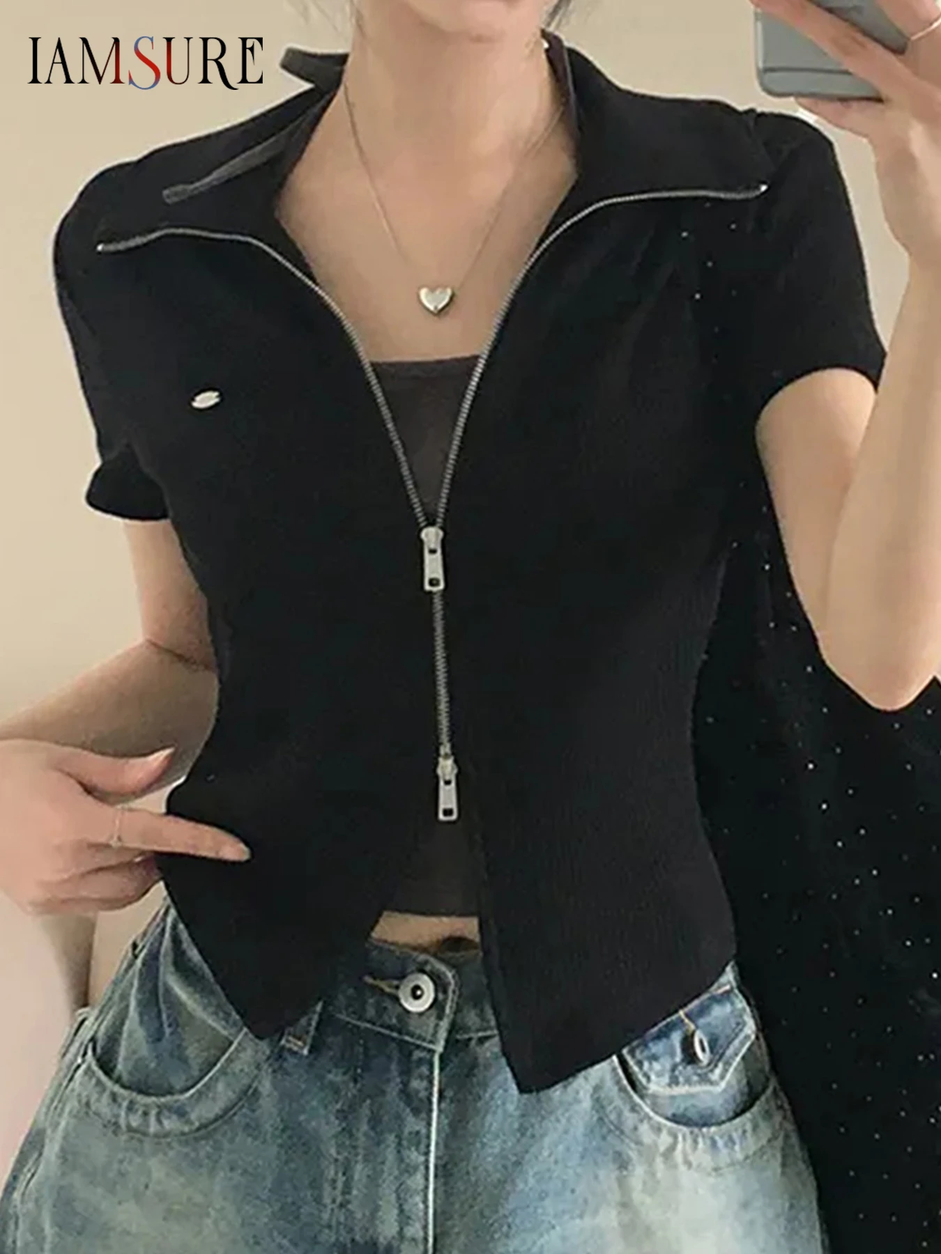 

IAMSURE Casual Basic Solid Zipper T Shirt Slim Turn-Down Collar Short Sleeve Tees Women 2025 Summer Fashion Streetwear Ladies