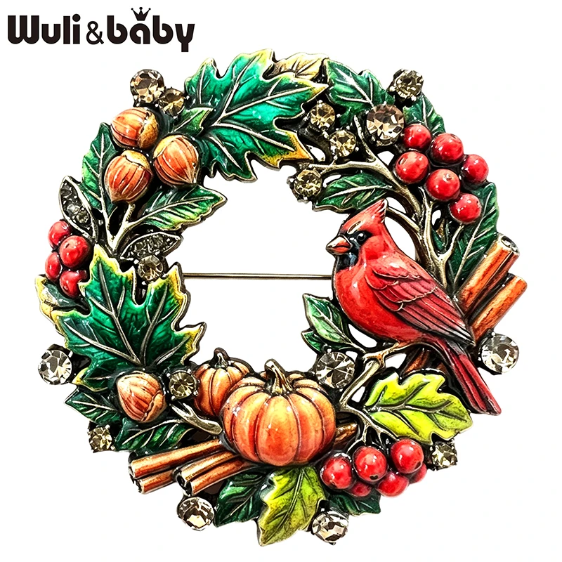 Wuli&baby Christmas Bird Wreath Brooches For Women Vintage 3-color Pumpkin Plants Circle Flowers Brooch Pins New Year Gifts