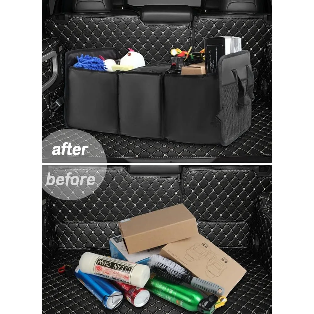منظم صندوق السيارة القابل للطي للسيارة، منظم صندوق السيارة العازل، 3 مقصورات مع إبزيم ومقابض قابلة للطي، محمول ج