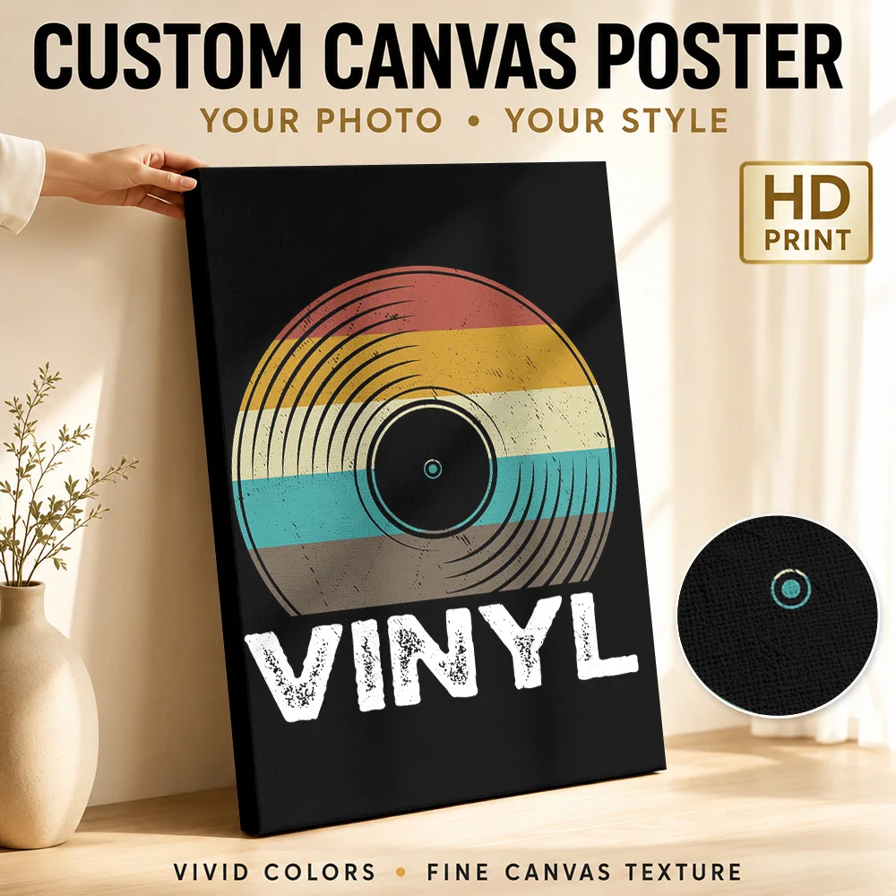 Vinyl Record With Circular Grooves Framed Canvas Print Personalized Photo Retro Black And Cream Wall Art For Home Studio DJ Gift