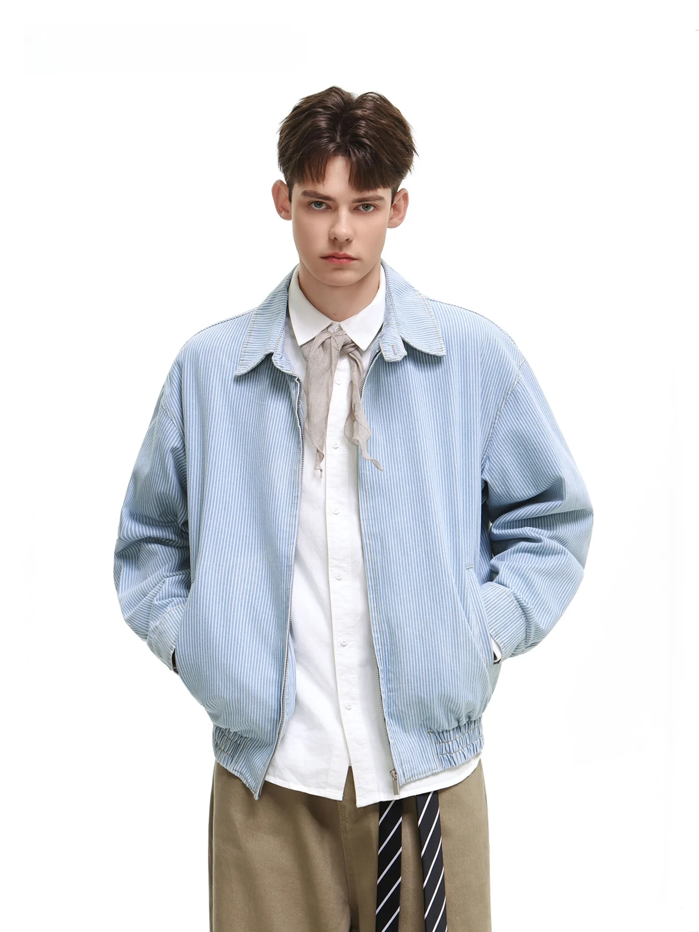 SDMADE American Retro Blue Striped Collared Jacket Men's Spring Autumn Casual Outerwear Standard Fit Youth Commute Cotton Pol...