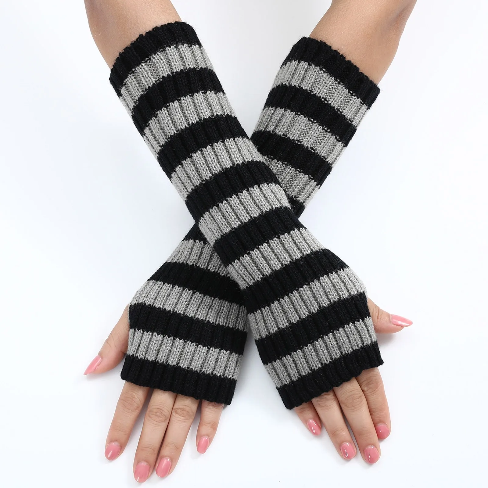 Fingerless Gloves Arm Sleeve Anime Women Fishnet Sports Emo Punk Striped Hand Warmer Mesh Long Gloves Knitted Elbow Mittens Gift