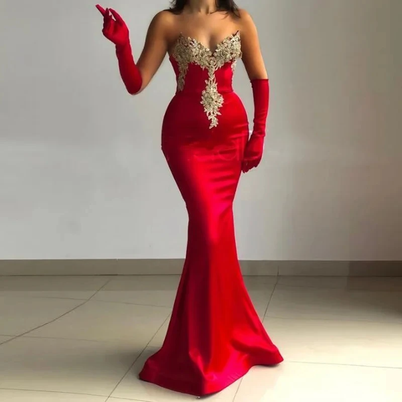 Red Sweetheart Mermaid Wedding Party Dress Appliques Satin Long Sleeves Prom Dresses with Detachable Skirt Arabic Evening Gowns