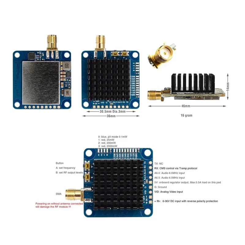 1.2Ghz 1.3Ghz 2W VTX Video Transmitter VTX-1G3TE 2000Mw 9 Channels With Tramp VTX Control For FPV Long Range Drones