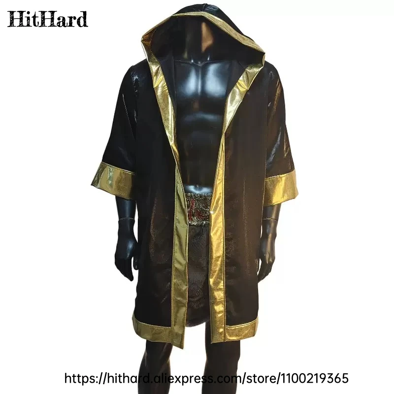 Stylish Boxing Robe with Contrast Gold Trim Satin Hooded Full-Length Boxing Gown for Men Women Pre-Fight Warm-Ups MMA Gym Events