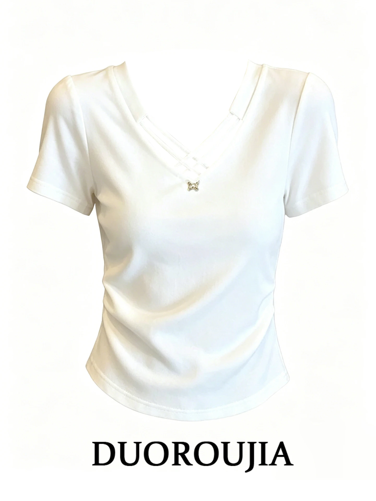 

plus Size Women's T-Shirt V-Neck Cross Hollow Design Short Sleeve Pure Desire Style Summer Slimming Versatile Top