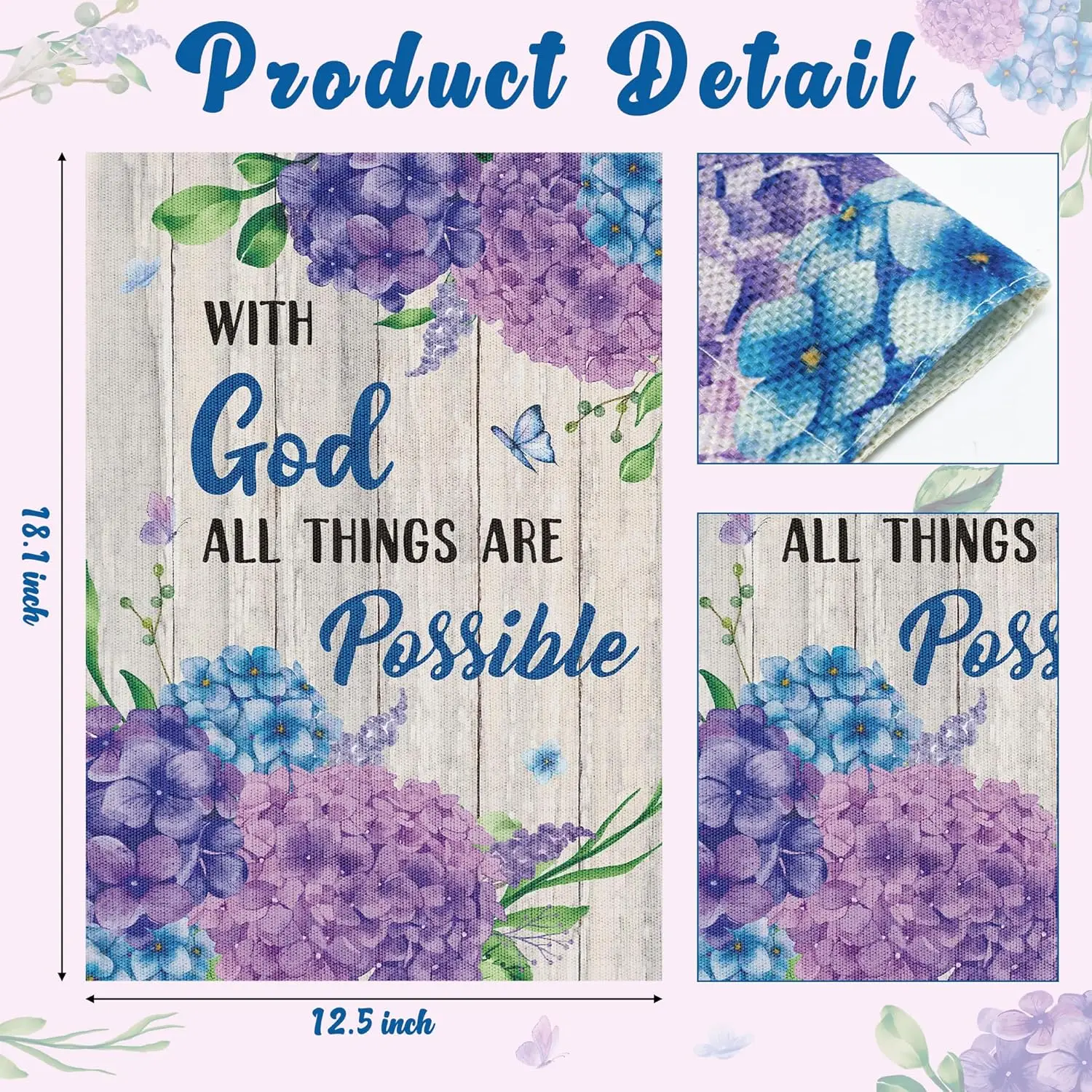 WATINC With God All Things are Possible Garden Flag, Spring Summer Hydrangea Double Sided 12 x 18 Inch Linen Flag, Inspirational