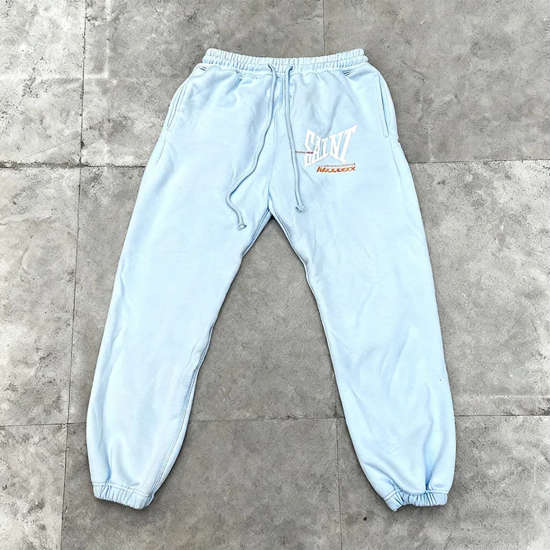 

Высококачественные хлопковые винтажные потертые черные светло-голубые классические спортивные штаны с логотипом и принтом Saint, мужские и женские повседневные брюки для бега на шнурке