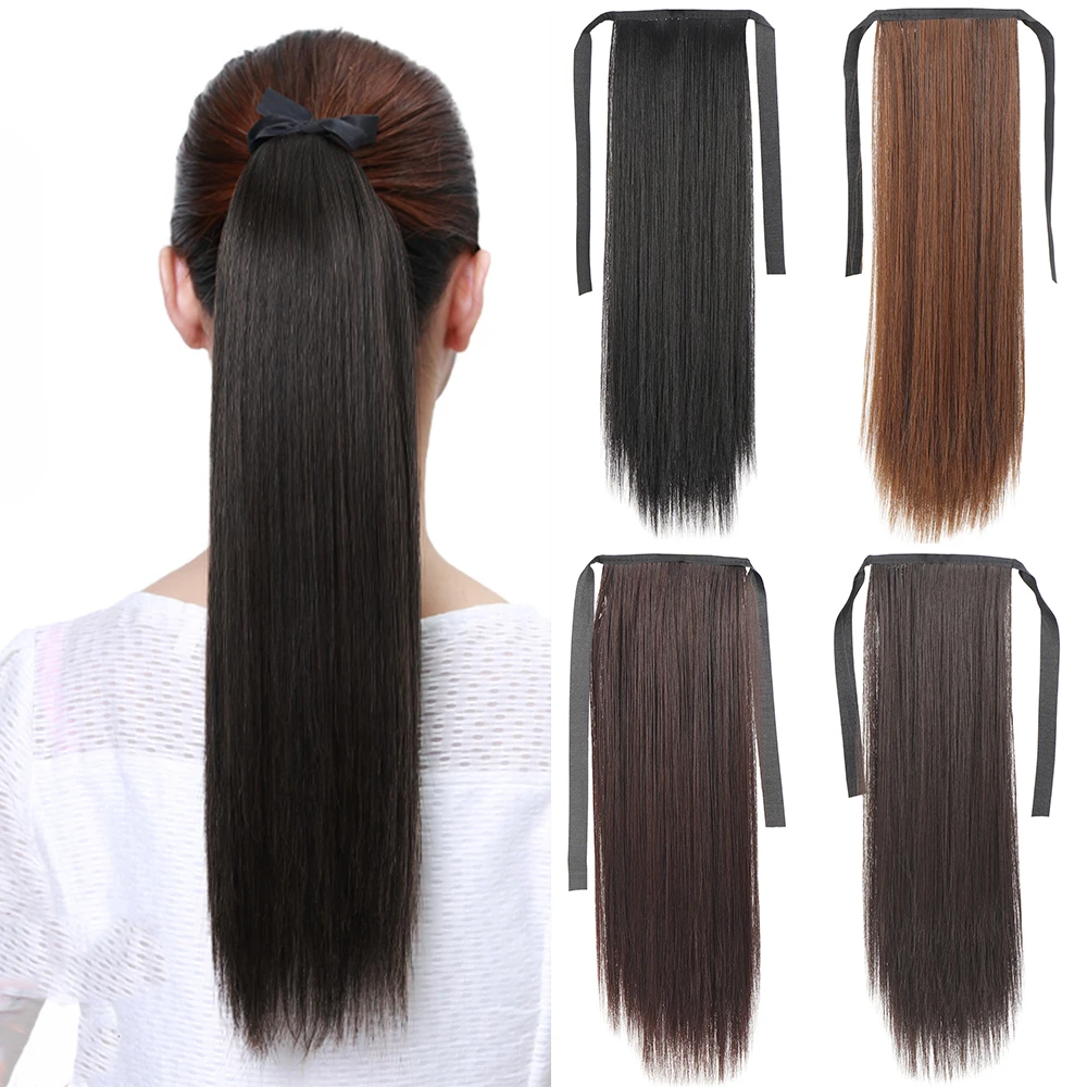 18 Inch Ponytail Bandage Wrapped Long Straight Ponytail Hair Synthetic Hair Extensions Pony Tail Women's Wig - Black