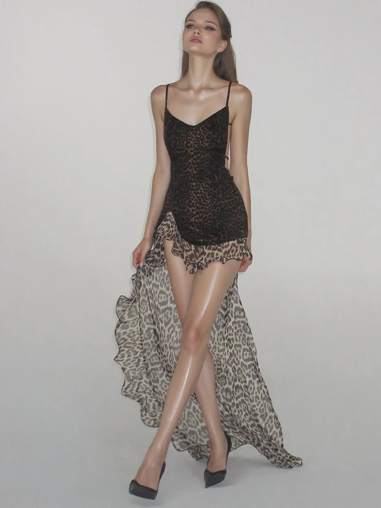 Weird Puss Bandage-Kleid mit offenem Rücken für Damen, Leopardenmuster, Mesh-Patchwork, unregelmäßiger Saum, tiefer Ausschnitt, modischer Trend, Party, figurbetont – Detail 12