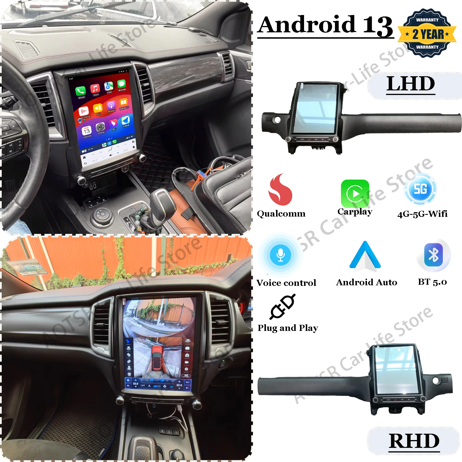 LHD RHD AI Voice Screen Multimedia Stereo Android 13 For Ford Ranger F550 Everest 2015~2020 GPS Navigation Car Radio Head Unit