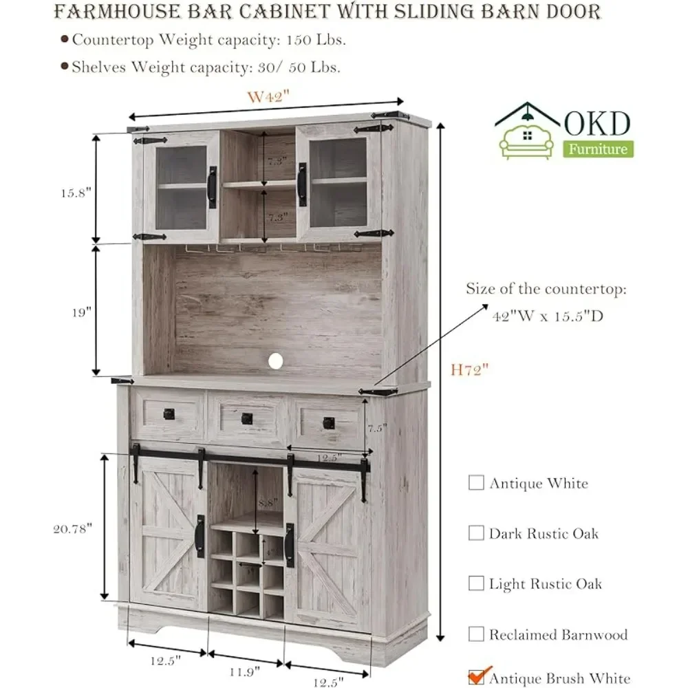 Farmhosue Bar Cabinet with Sliding Barn Door, Large Kitchen Buffet with Hutch w/Wine & Glasses Rack