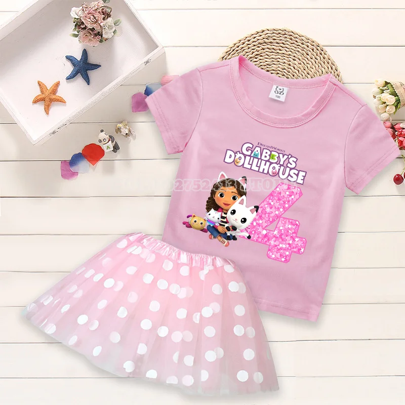 Gabby Dollhouse Kids T-shirt Dress Cartoon Summer Fashion Set Polka Dot Print Round Neck Pink Digit Clothing Girls Birthday Gift