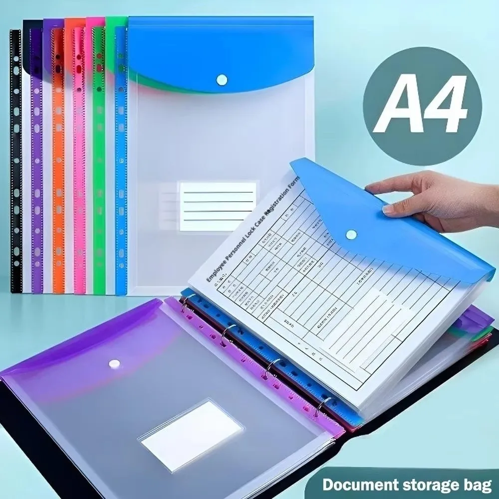 12Pcs Large-Capacity Loose-Leaf File Bags Waterproof Transparent A4 Expandable Binder Pocket Button Closes Simple