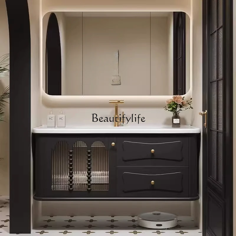 

French retro oak bathroom cabinet combination ceramic integrated American floor vanity basin