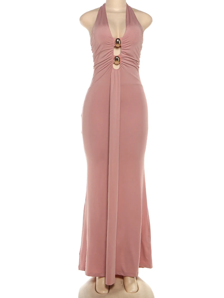 Estranho gato sexy halter vestido feminino sem costas fita oco para fora elegante estiramento magro pêssego hip natal festa de aniversário bodycon