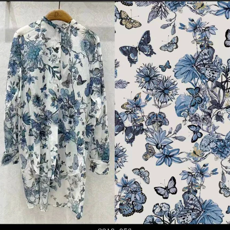 2024 Brand Cotton Printed Butterfly Flower Pattern Fabric for Dress Shirt High Quality Elastic Satin Fabric Material for Clothes