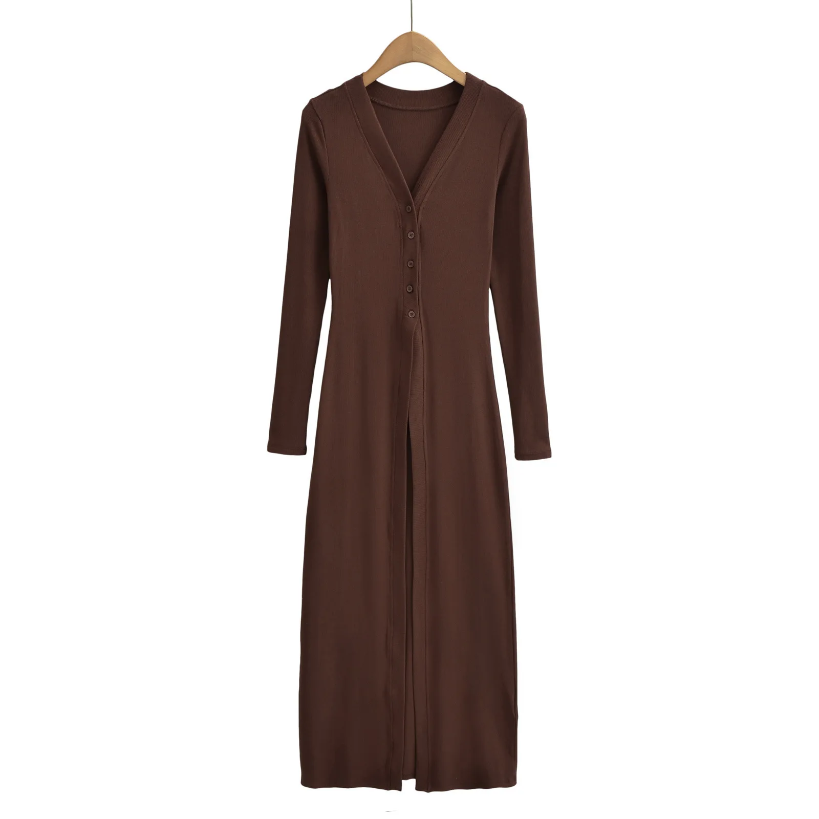 Women V neck Button Maxi Length Ribbed Duster Cardgian  Maillader Brown