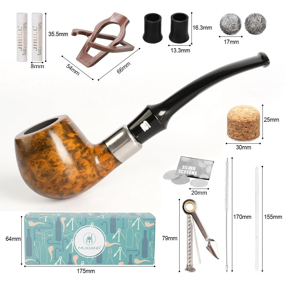 MUXIANG Handmade Sandblasted Black Briar Wood Apple Smoking Pipe With Silver Decorative Ring 9mm Filter