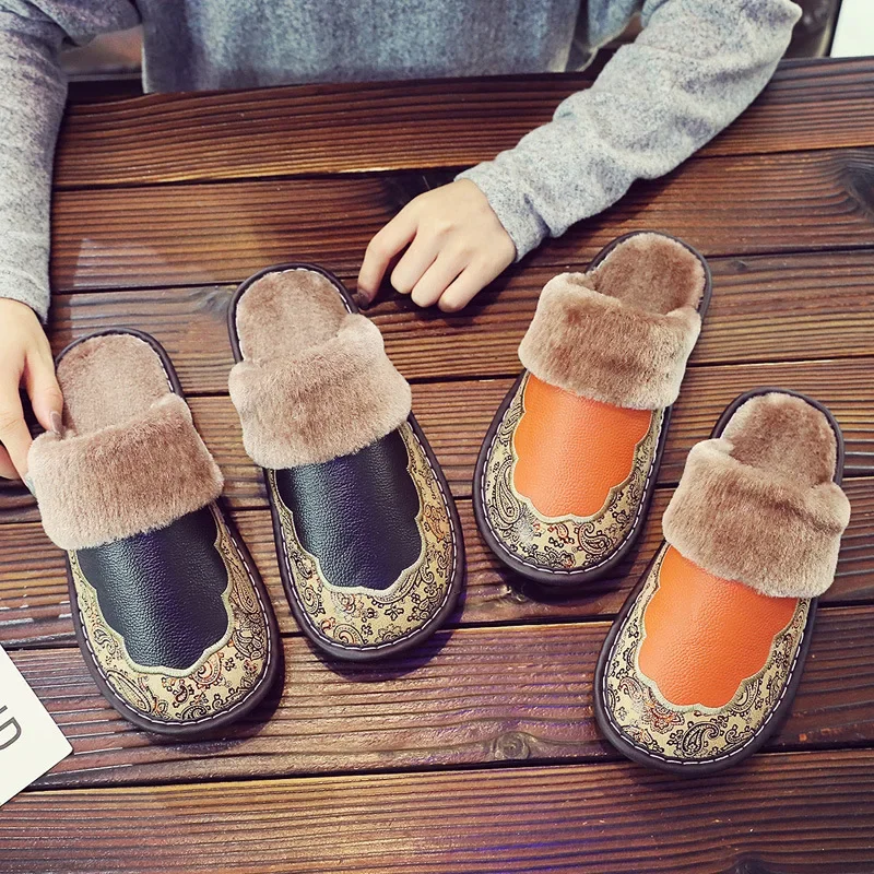 Waterproof Home Slippers Women Men Winter Warm Flat House Shoes Man Soft Comfort Female Shoes Leather Indoor Slippers