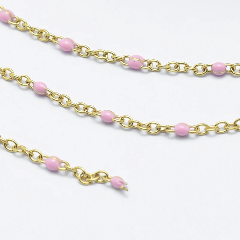 

10m Handmade Stainless Steel Chains Soldered with Spool Enamel Golden Pink 2x1.6x0.2mm Beads: 2mm about 32.8 Feet(10m)/roll