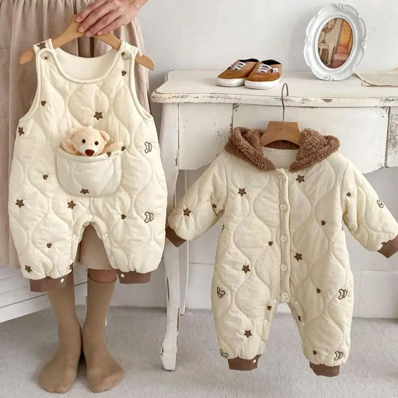 2024 Winter New Baby Fleece Warm Romper Cotton Newborn Cute Bear Hooded Jumpsuit Plus Velvet Thick Infant Boy Girl Clothes 0-24M