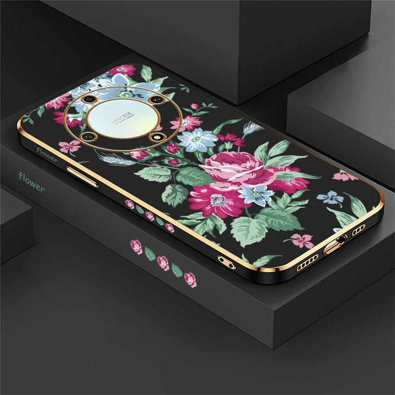Phone Case For Huawei Honor X9B X40 X50i X20 X6A X7 X7A X7B X8 4G 5G X8B Luxury Silicone Flower Pattern Plating Shockproof Cover
