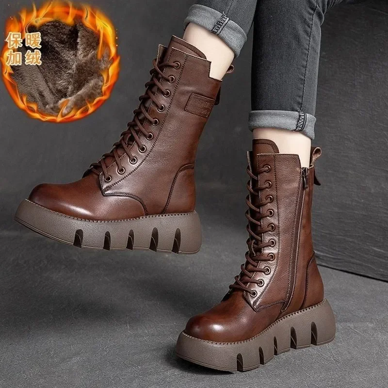 New Snow Boots for Women Vintage Round Toe Warm Plush Lace-up Platform Shoe Solf Leather Anti Slip Thick Bottom Short Boot