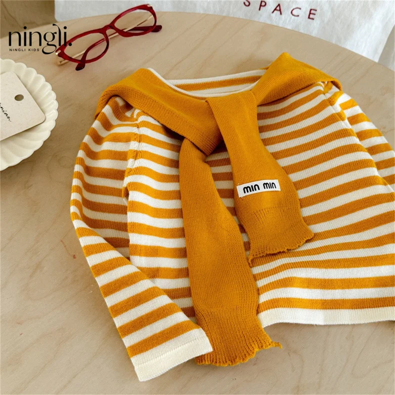 

Girls' Striped Shawl Knitted Base Shirt for Outerwear Autumn New Color-Block Round Neck Long SleeveTT shirt